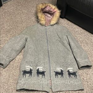 Vintage 100% wool real sherling accented Hood and embroidered reindeer coat